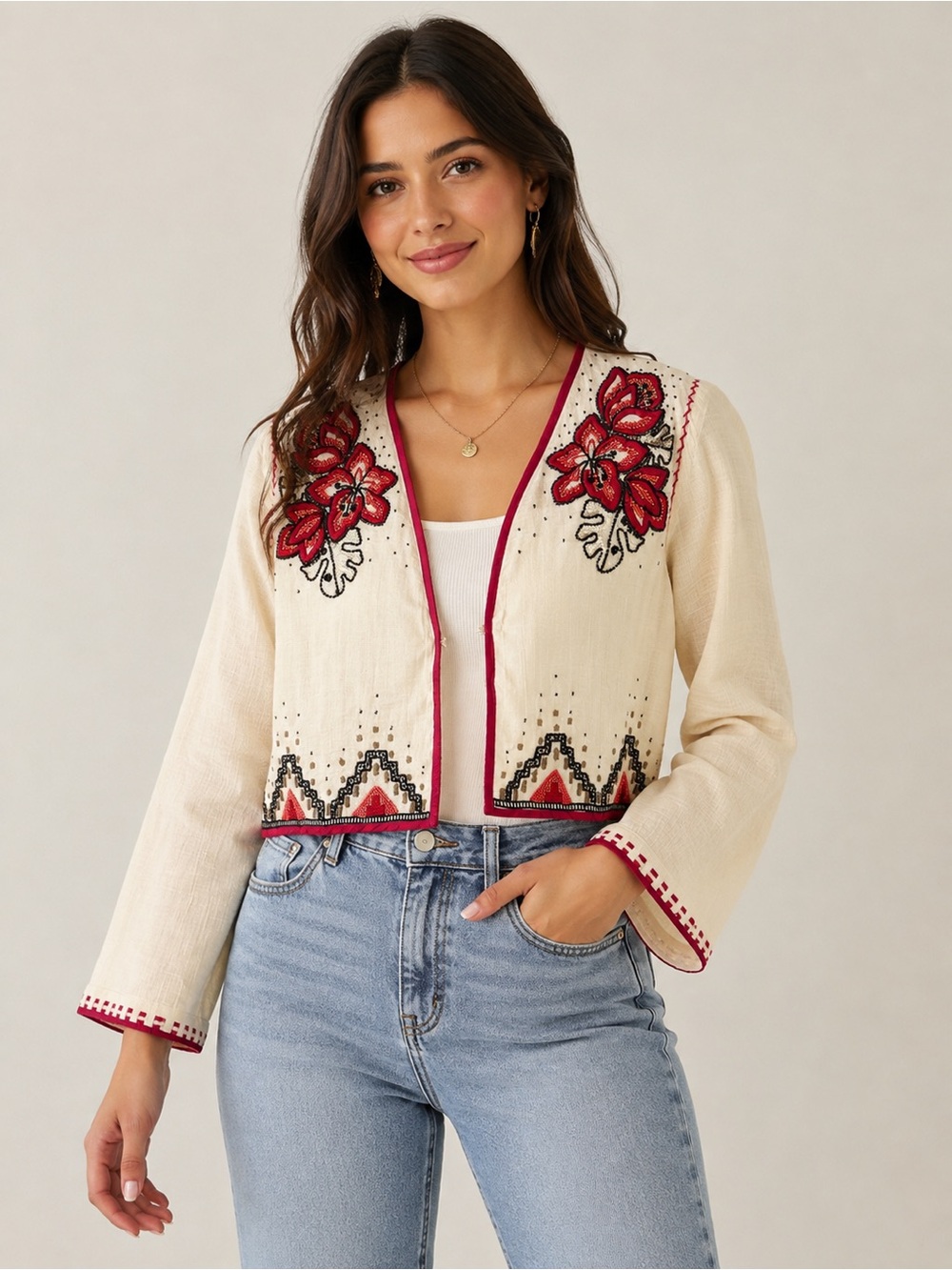 Soft Surroundings Boho Embroidered Floral Cropped Open Front Jacket Cream  L